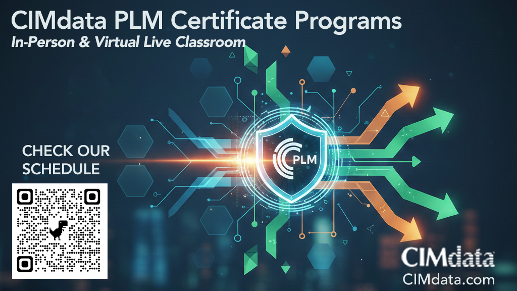 Promotional banner for CIMdata's globally recognized PLM Certificate Program, announcing the new Virtual Live Classroom and traditional In-Person residency options for professional PLM leadership training.